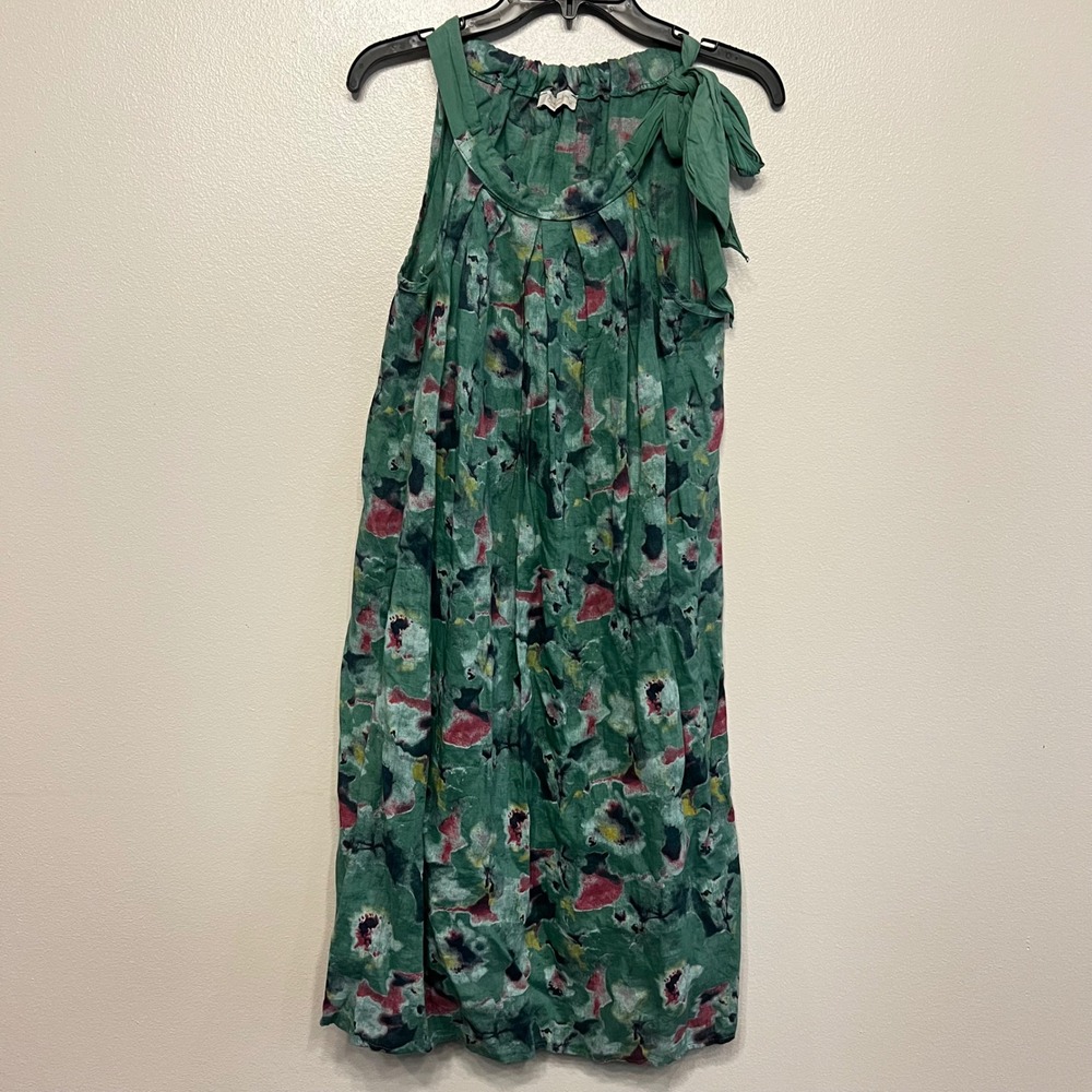 Belambra Italy 100% Linen Green Watercolor Floral Tie Shoulder Shift Dress‎ M